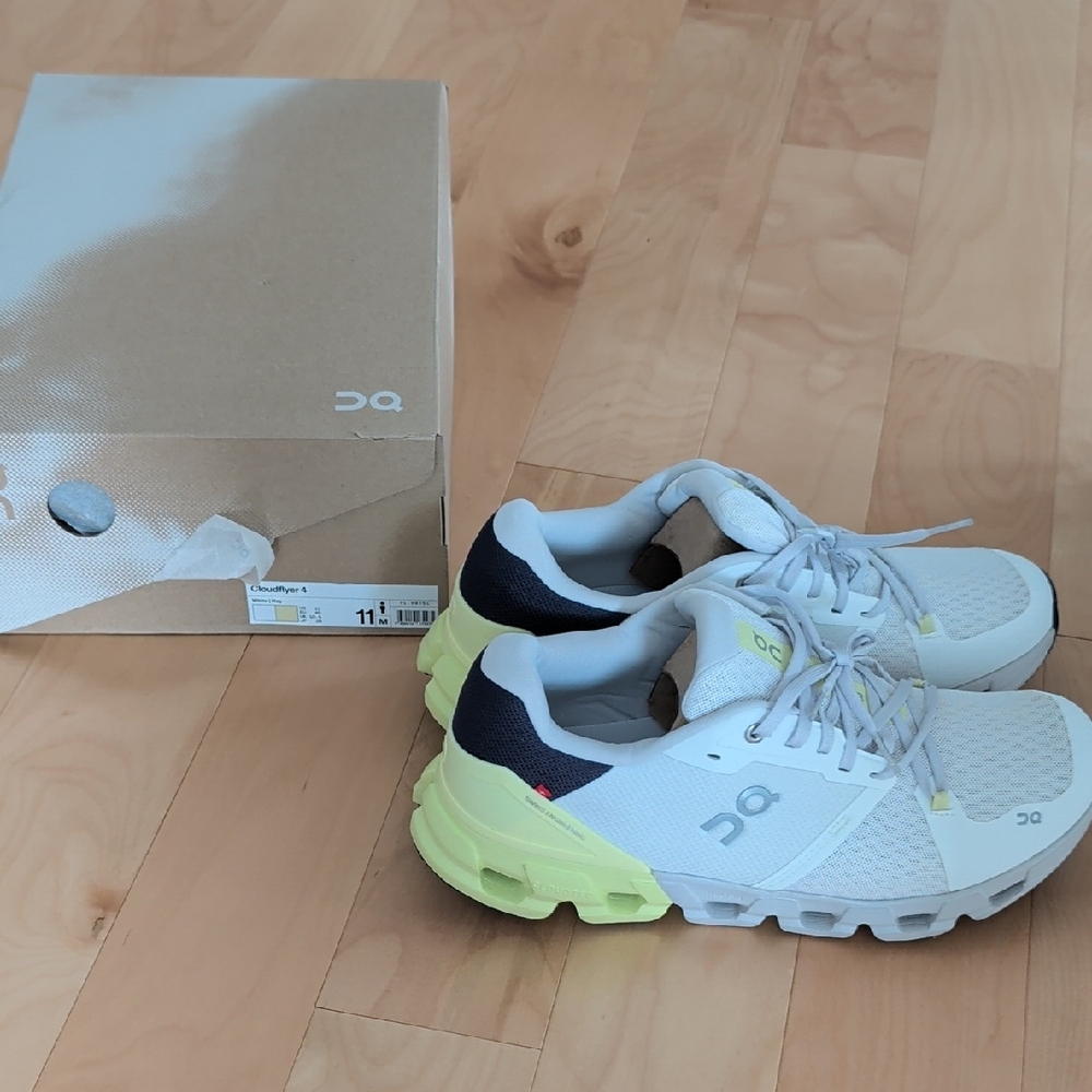 On Running Men’s Athletic Shoes in White, Neon Yellow & Navy